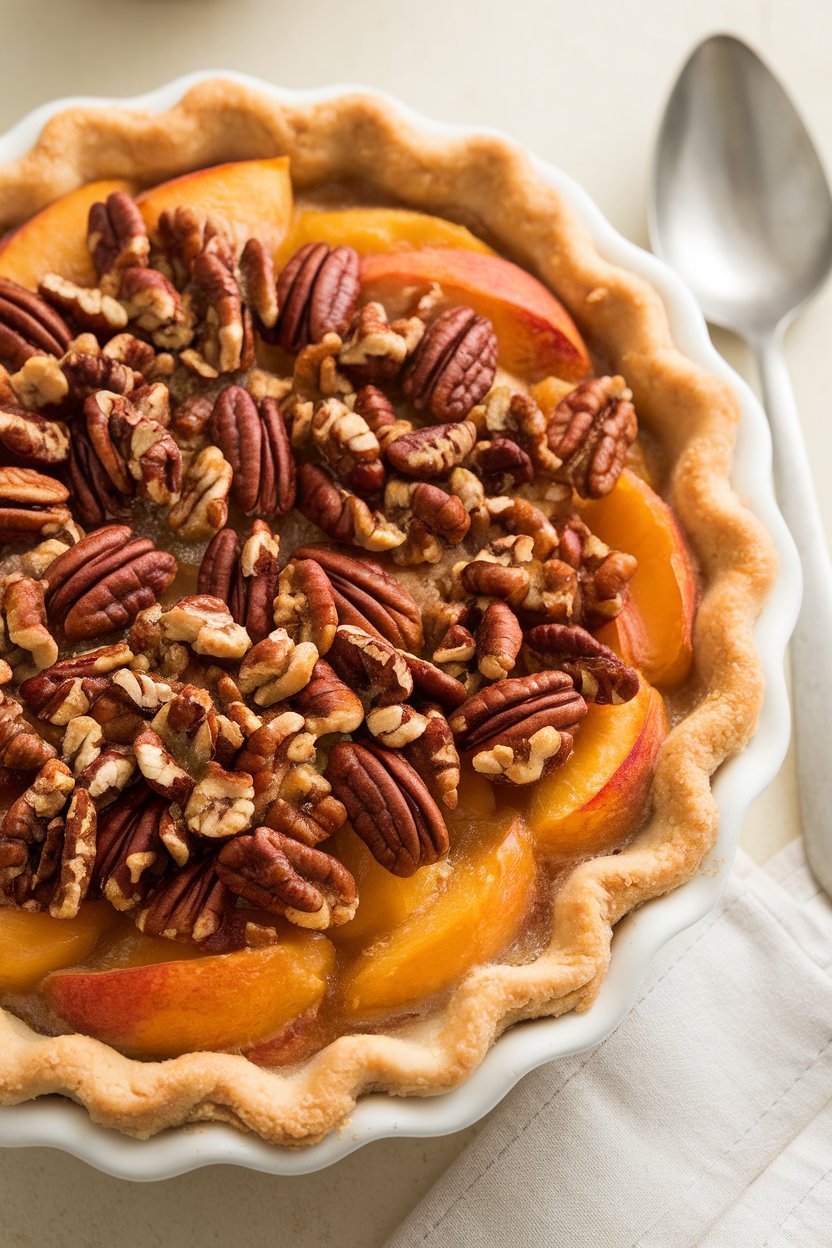 Indoor pie dish showing bubbly peach filling underneath a pecan-streusel topping, serving spoon beside. Photo, no text or logos.