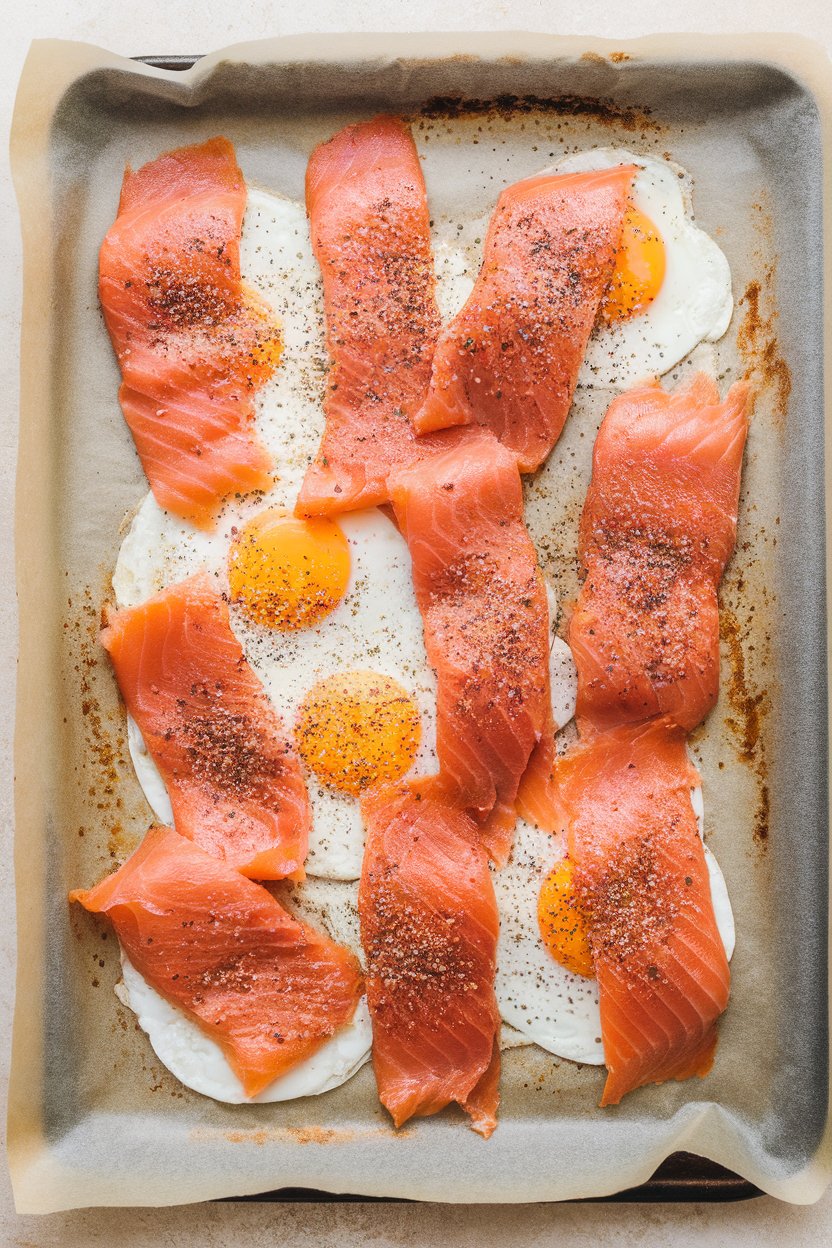 Indoors, a parchment-lined sheet pan dotted with baked eggs, strips of smoked salmon, and a liberal dusting of everything bagel seasoning. No text or logos.