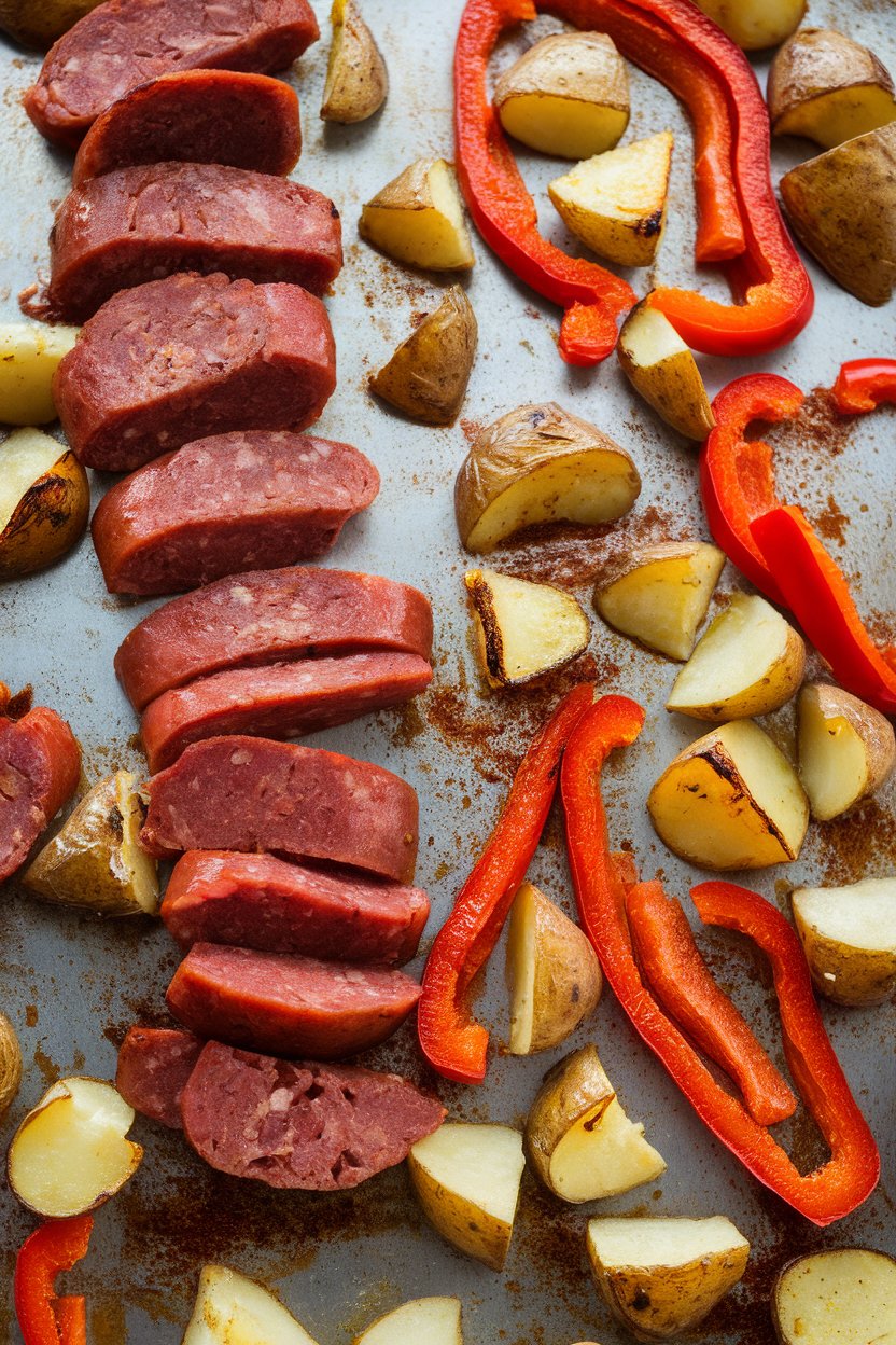 Indoor photo of sliced Spanish chorizo, diced roasted potatoes, and red pepper strips on a sheet pan, spices visible. No text or logos.
