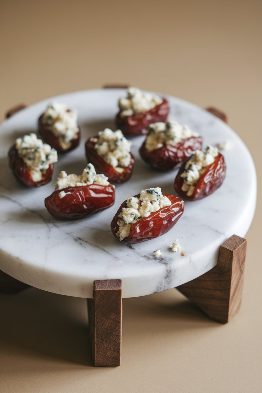 Indoor marble board with glossy dates split and filled with blue cheese crumbles, no text or logos