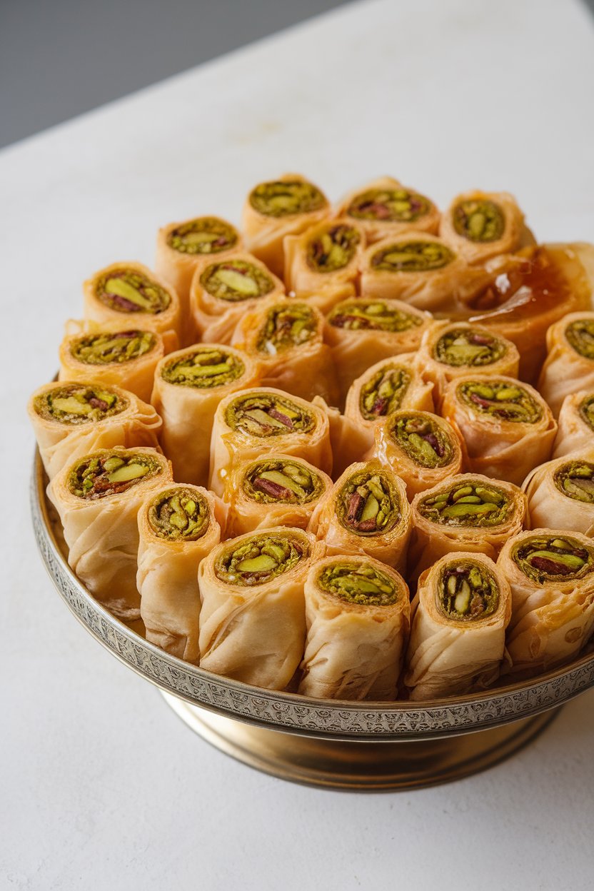 An indoor platter of rolled baklava slices, bright green pistachio filling visible between flaky layers, honey glaze glistening, no text or logos. Photo only.