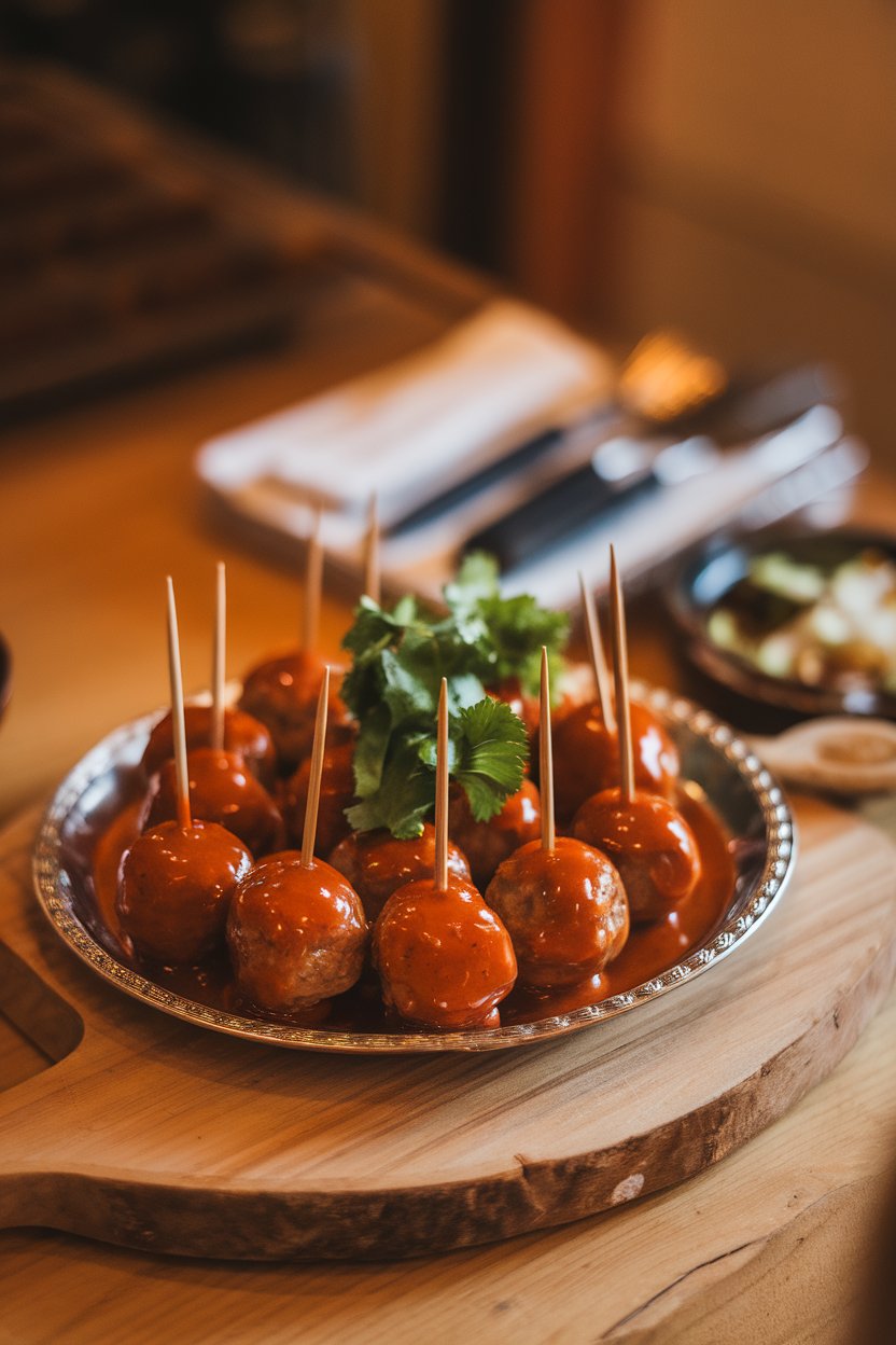 Indoor photo of cocktail meatballs coated in glossy sweet chili sauce, skewered with toothpicks on a platter; no text or logos.