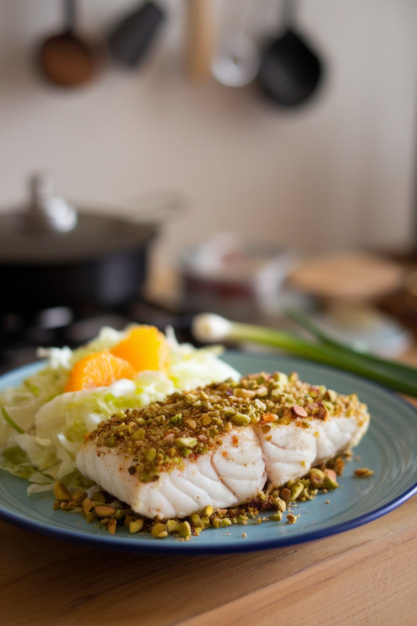 Indoor photo of cod fillets coated in crushed pistachios, baked to a golden crust, served beside a cabbage slaw with orange segments. No text or logos.