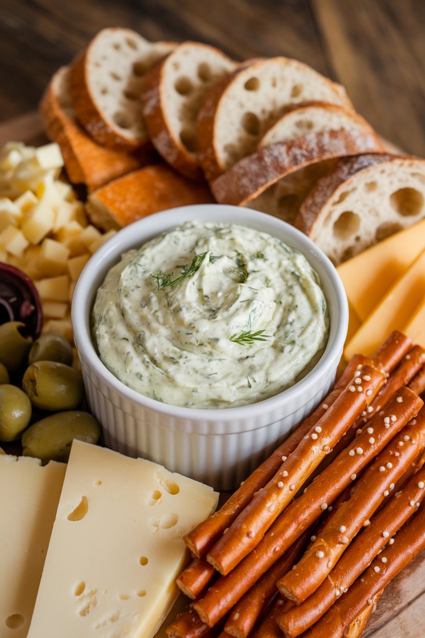 Indoor snack board with a ramekin of creamy dill pickle dip flecked with green herbs, pretzel sticks alongside. No text or logos.