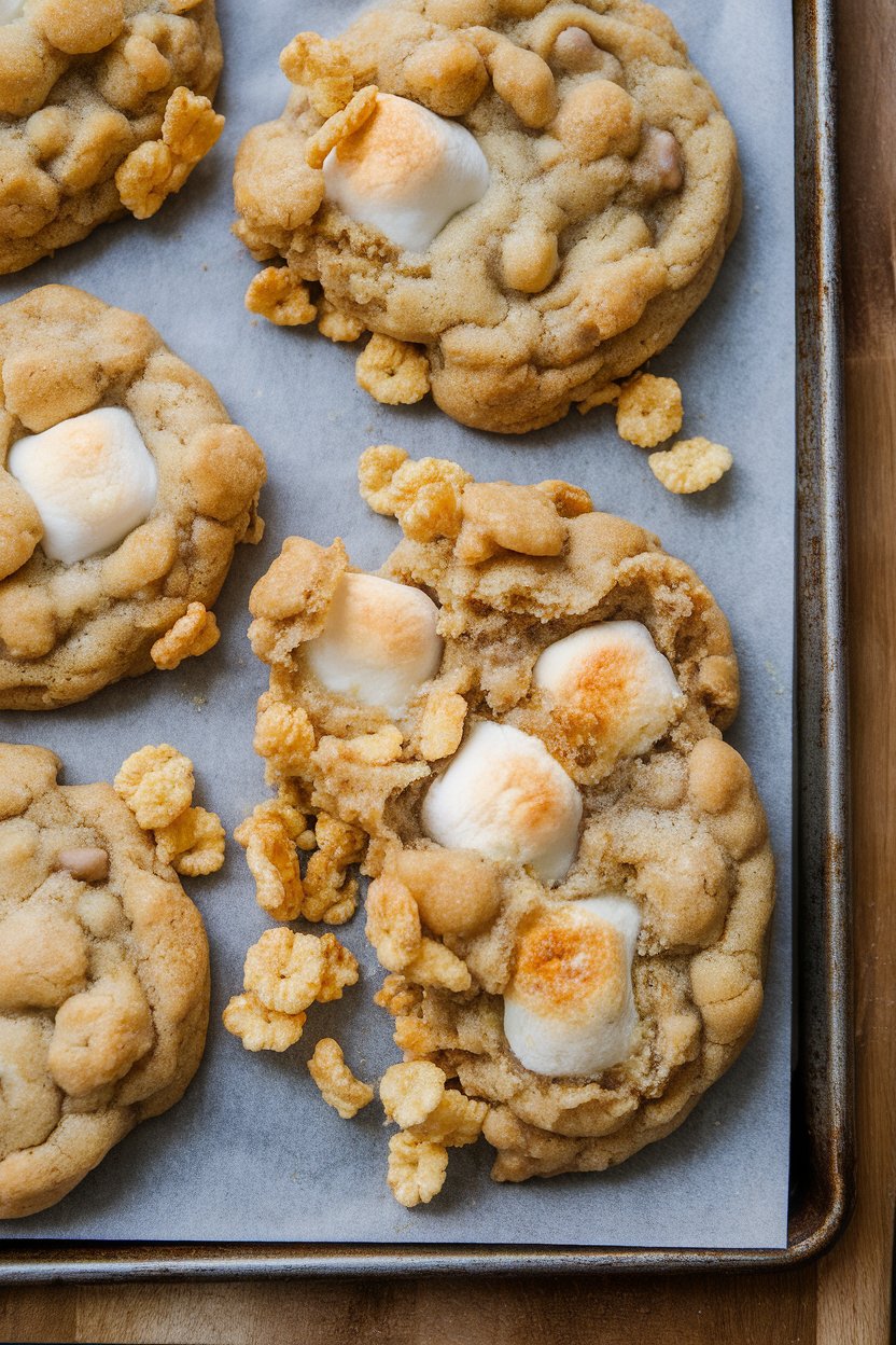 Indoor baking sheet with chunky cookies dotted with cornflake clusters and gooey marshmallow pockets. No text or logos; photo, not illustration.