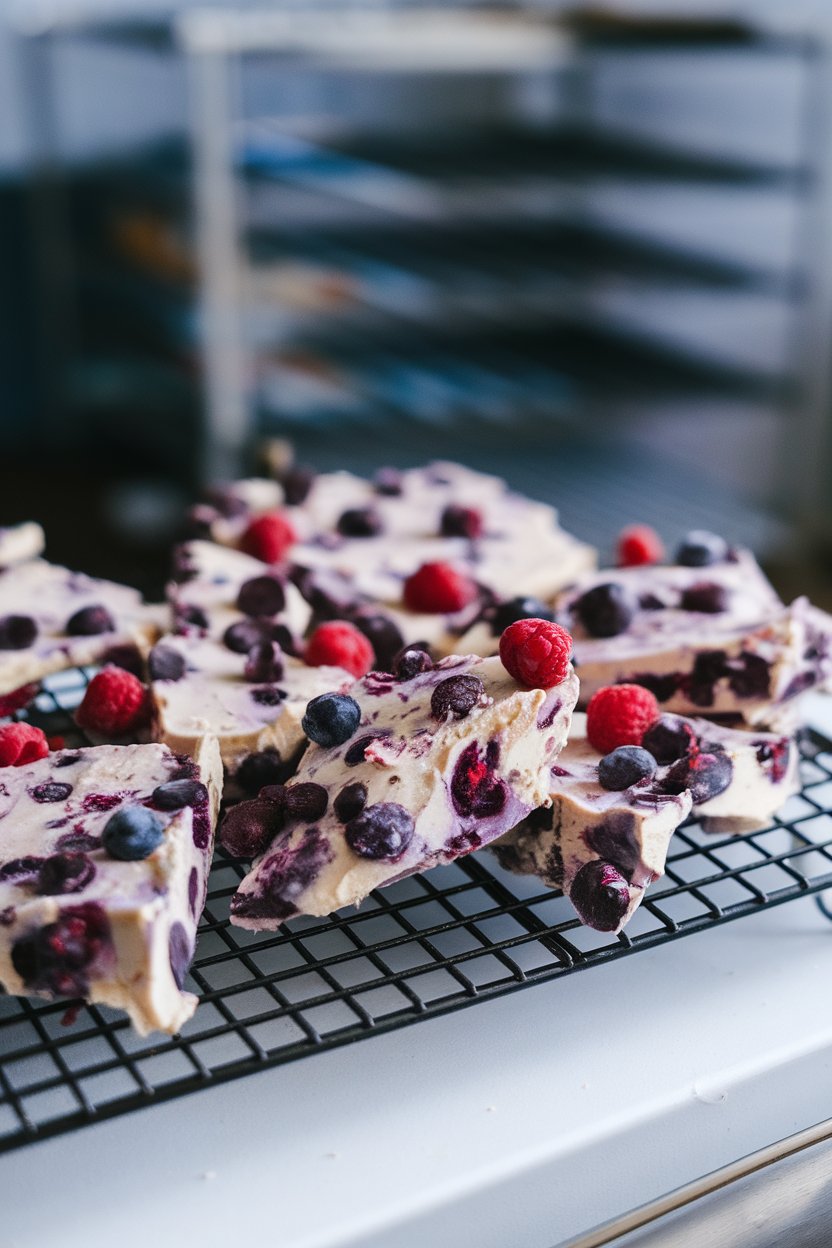 Photo of broken pieces of frozen yogurt bark studded with berries and dark chocolate chunks on a cooling rack indoors. No text or logos.