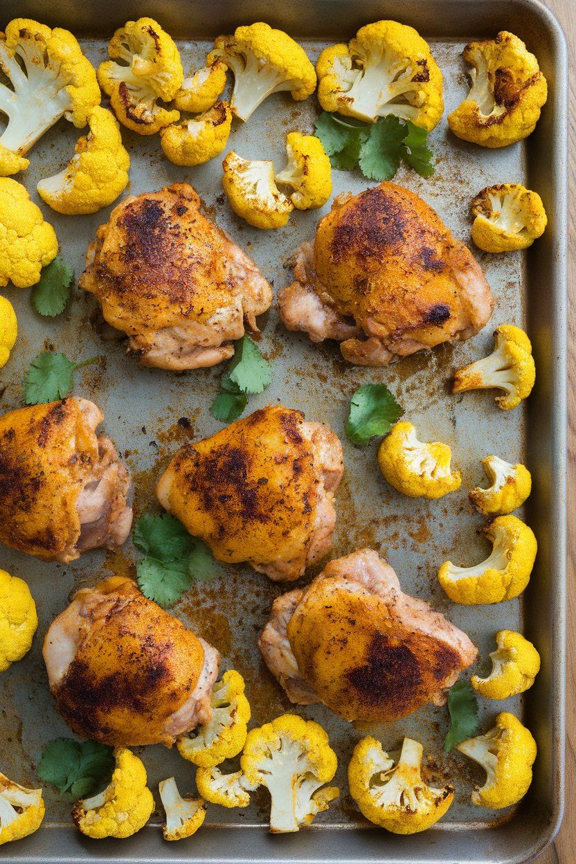 Indoor photo of turmeric-spiced chicken thighs, roasted yellow cauliflower florets, and cilantro garnish on a sheet pan; no text or logos