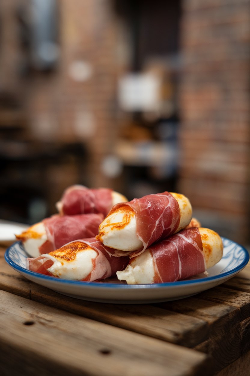 Indoor plate of baked mozzarella sticks wrapped in prosciutto, cheese slightly oozing, no text or logos, photo only