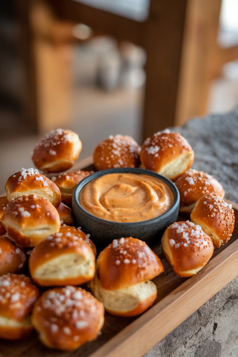 Indoor photo of bite-sized soft pretzels sprinkled with coarse salt beside a small bowl of warm beer cheese dip on a wooden tray. No text or logos.