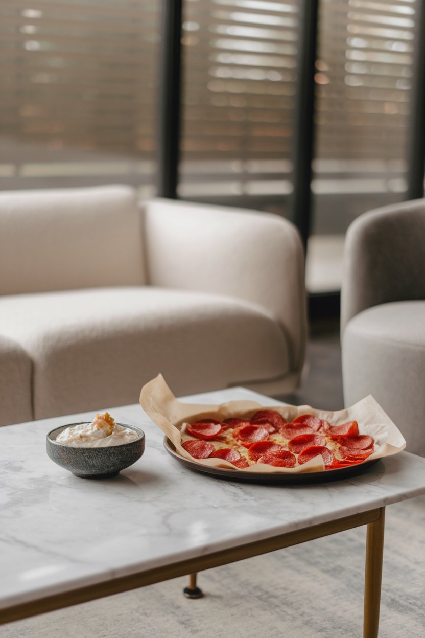 An indoor coffee table with a small bowl of whipped ricotta dip next to pepperoni slices baked into chips on parchment; no branding visible.