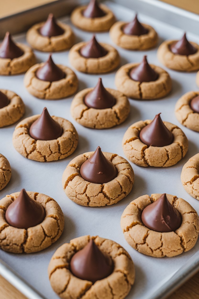 An indoor cookie sheet lined with peanut butter cookies each crowned with a melted chocolate kiss in the center. Photo, no text or logos.