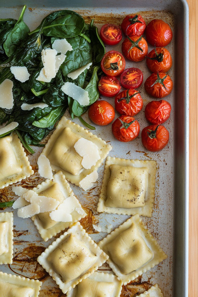 Indoor photo of toasted mushroom ravioli on a sheet pan, wilted spinach and cherry tomatoes roasted beside, Parmesan shavings on top. No text or logos.