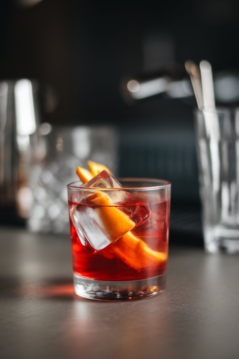 A minimalist indoor bar with a rocks glass of red Negroni, clear cube, orange wheel inside, no logos or text. Photo only.
