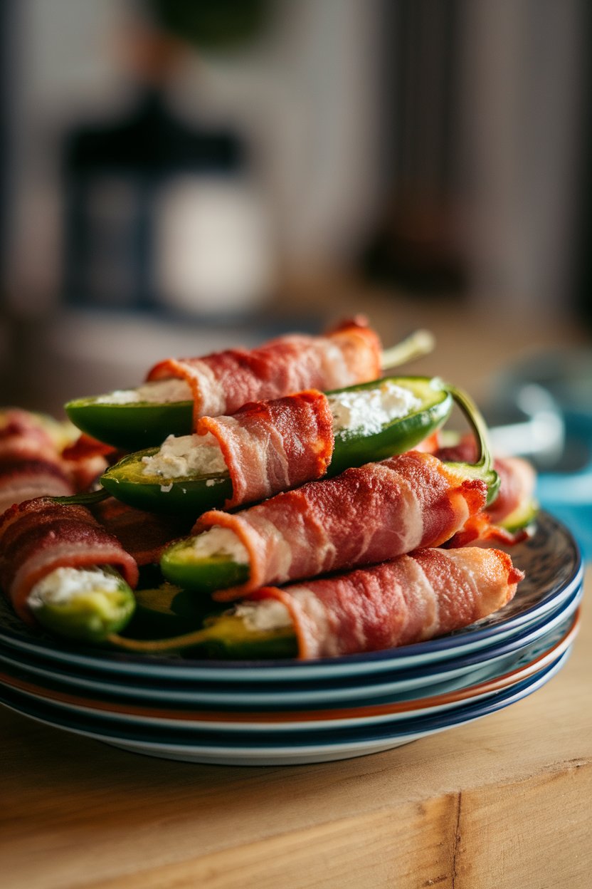 An indoor plate stacked with halved jalapeños stuffed with cream cheese and wrapped in bacon, crisped to perfection, photographed under soft lighting—no text or logos. Photo, not illustration.