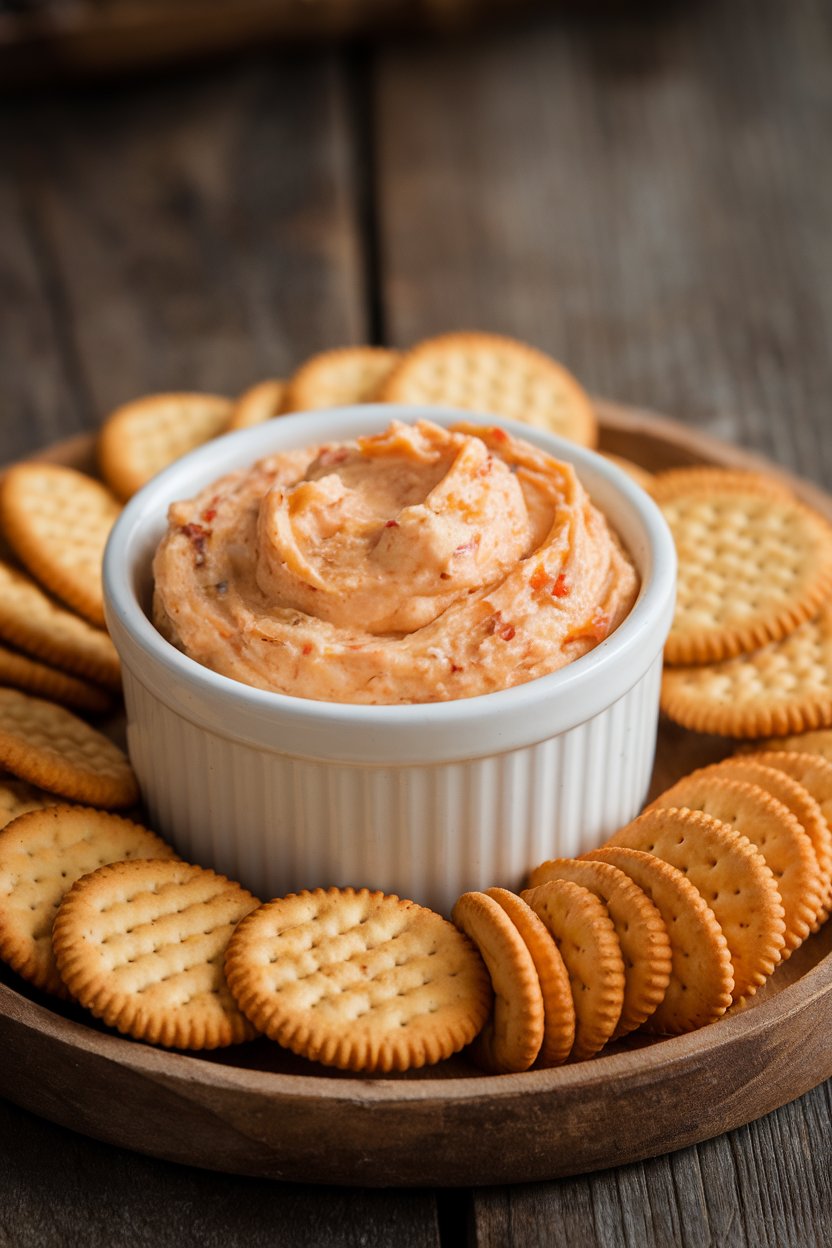 Indoor photo of a ramekin of creamy pimento cheese spread with crackers arranged around it on a platter; no text or logos