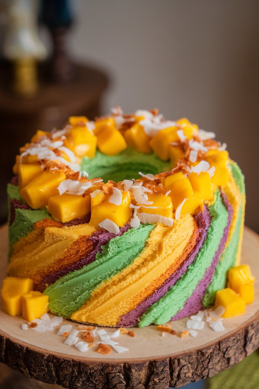 Indoor photo of a king cake topped with mango chunks and toasted coconut; no text or logos.