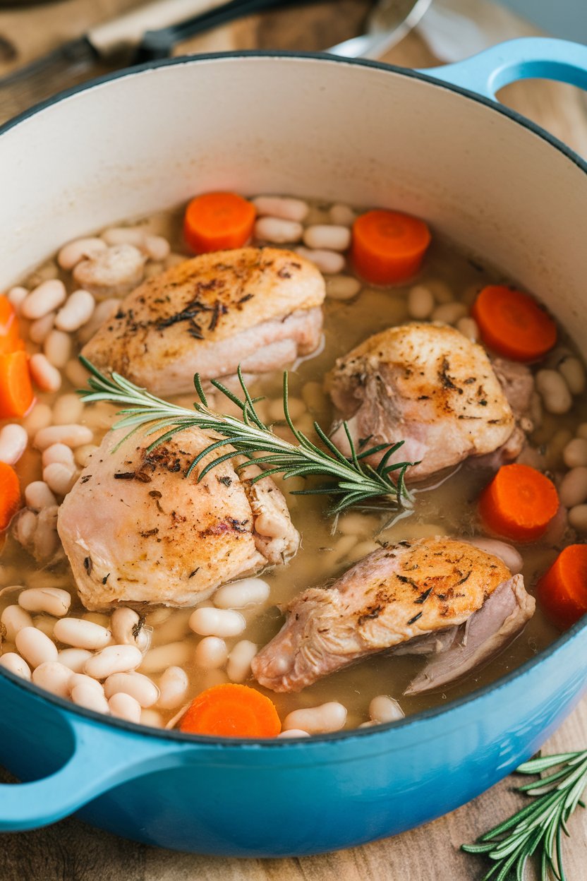 Indoor photo of a Dutch oven filled with chunky chicken, white beans, carrots, and rosemary in a light broth. No text or logos.