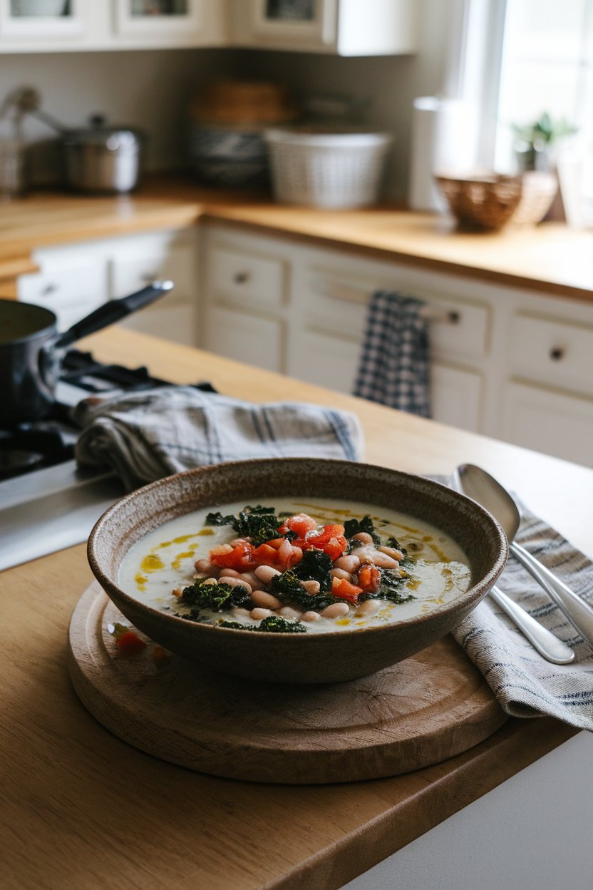 Indoor kitchen island featuring a rustic bowl of white bean soup with kale, diced tomatoes, and a drizzle of olive oil. No text or logos in frame.