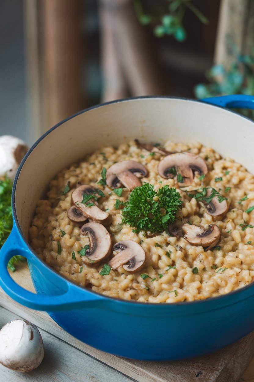 Indoor photo of a Dutch oven filled with creamy barley risotto studded with sliced mushrooms and parsley. No text or logos.