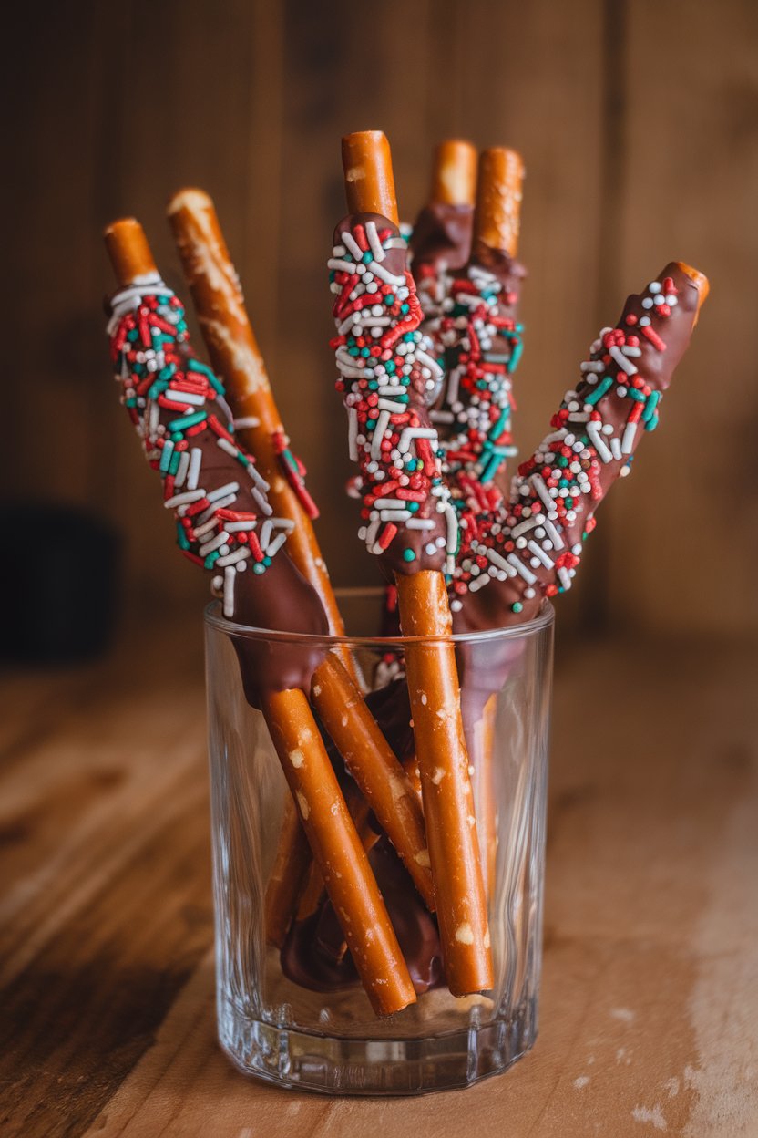 A glass inside setting holding upright pretzel rods half-dipped in chocolate and sprinkled with team-colored sprinkles. No text or logos; photo, not illustration.