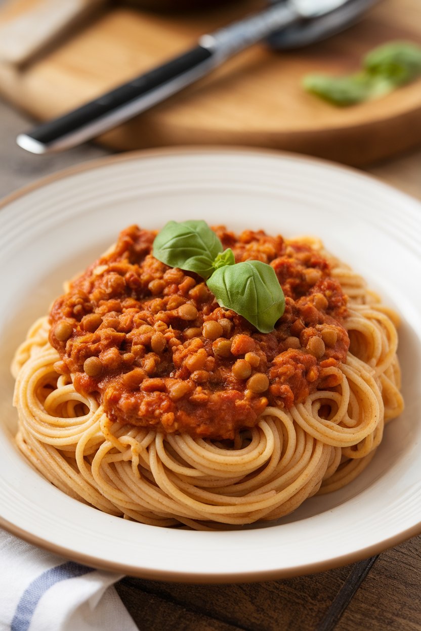 An indoor pasta plate twirled with whole-wheat spaghetti and hearty lentil bolognese sauce, basil on top. No text or logos.