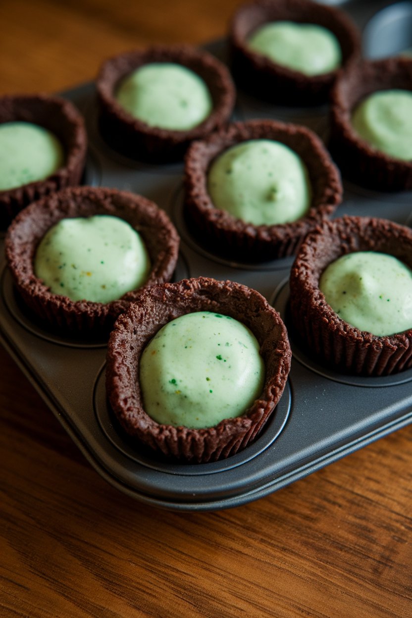 Mini muffin tin indoors filled with dark chocolate brownie bites showing faint green flecks of spinach. Photo only, no text or logos.