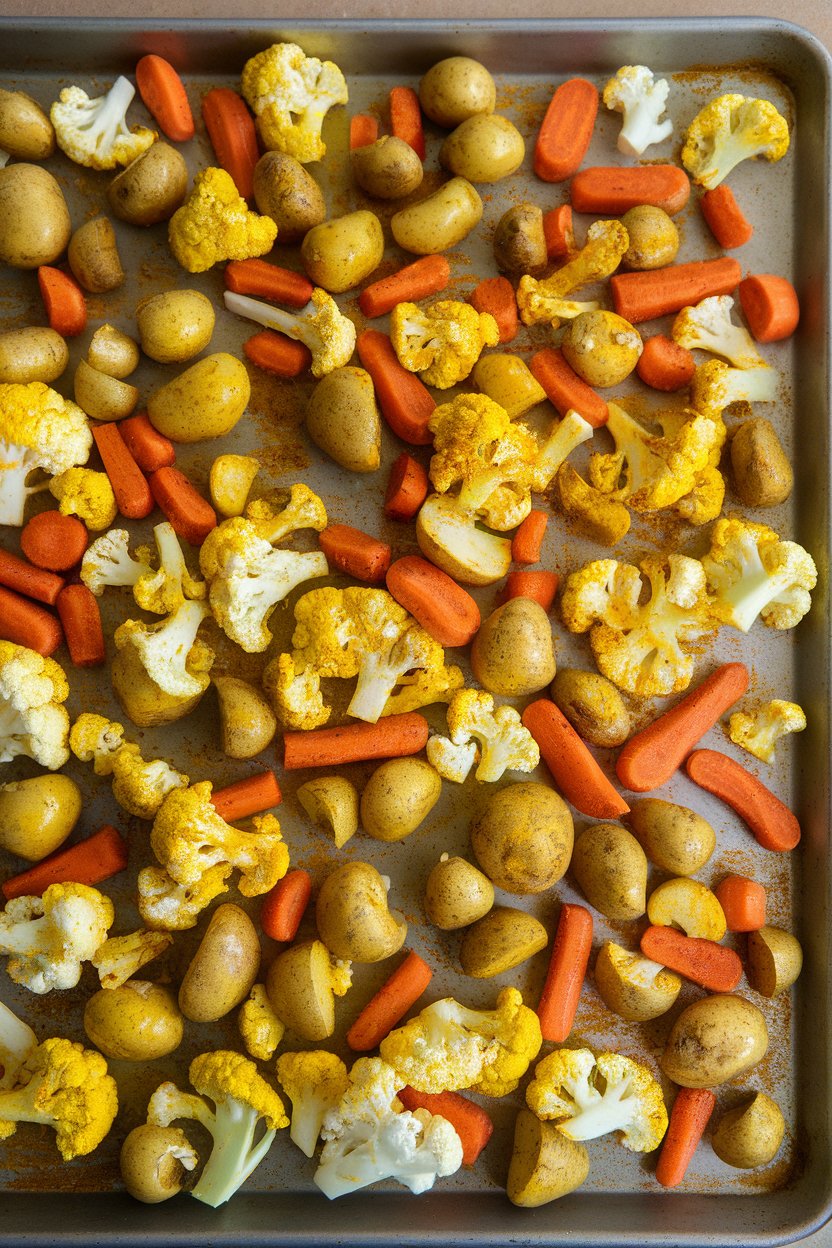 Indoor photo of assorted veggies—cauliflower, carrots, potatoes—coated in yellow curry spices on a sheet pan. No text or logos.