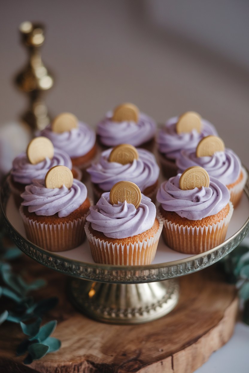 Indoor photo of pale cupcakes with lavender frosting and gold coin chocolate, no text or logos