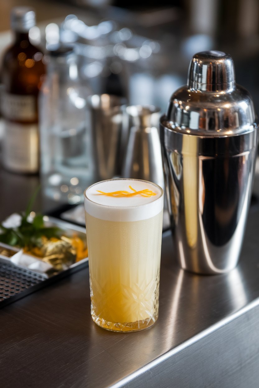 Indoor bar top with a tall Collins glass of frothy white cocktail finished with a thin line of orange zest, metal shaker resting nearby, no text or logos, photo