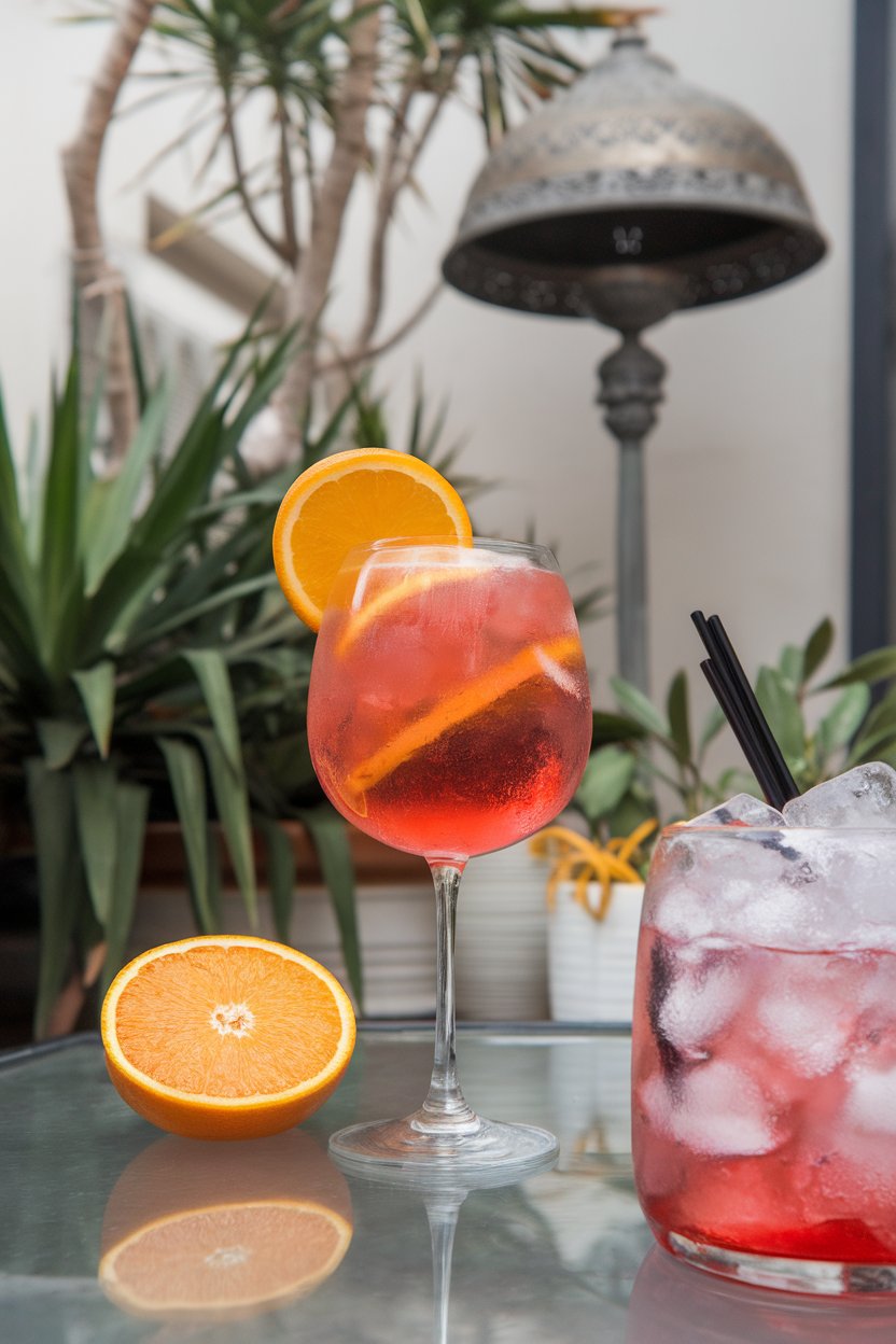 An indoor terrace table (indoor setting) with large wine glass of coral-pink spritz, orange wheel, and plenty of ice; photo, not illustration; no text or logos.