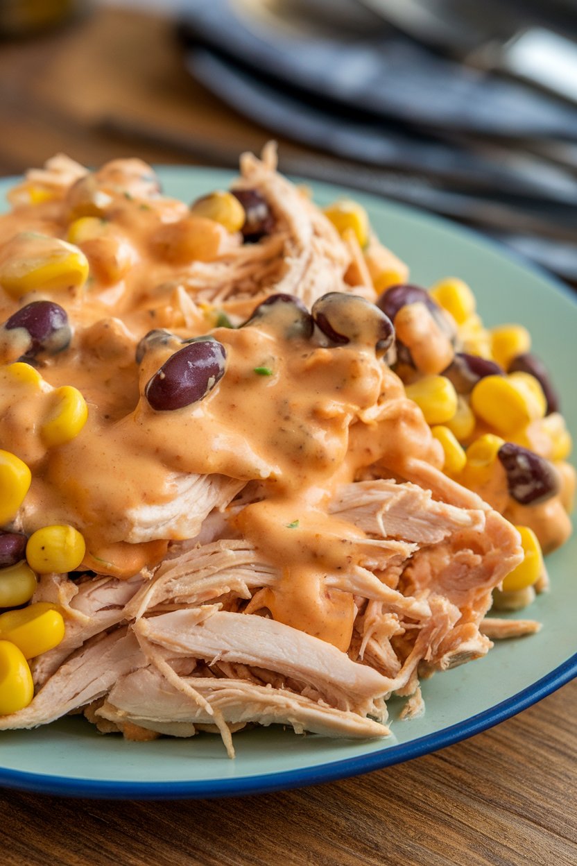 Indoor plate featuring shredded chicken coated in creamy salsa ranch sauce, corn and black beans mixed in; no text or logos; photo.