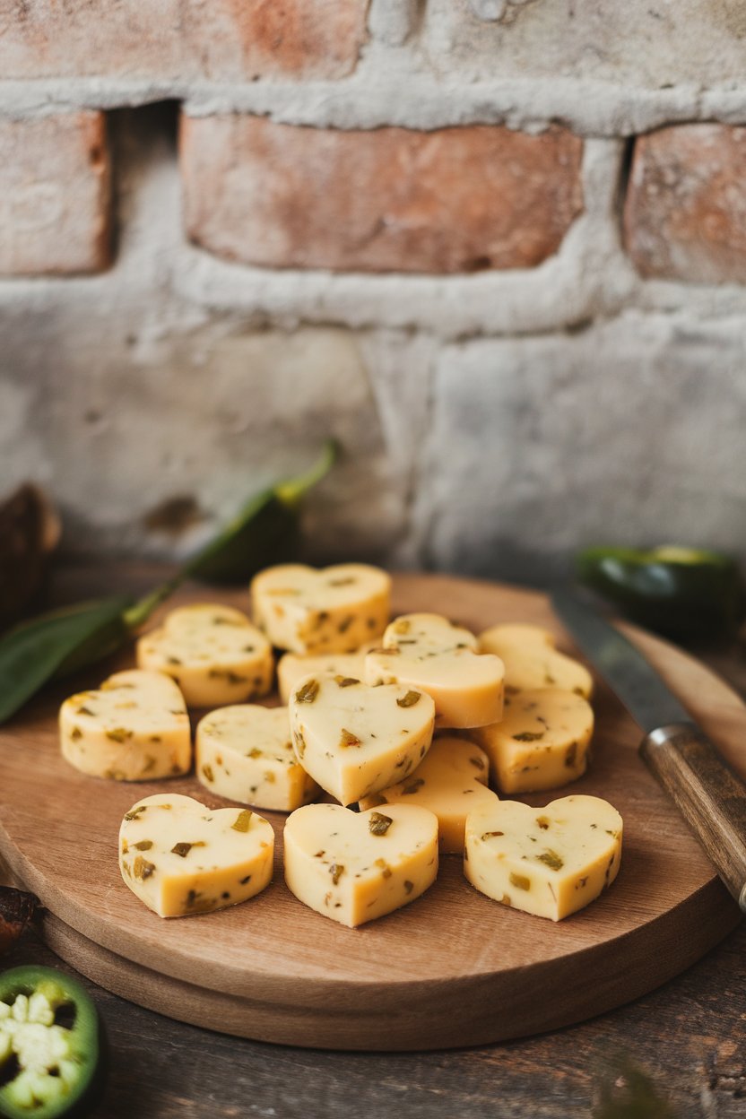 Indoor photo of pepper jack cheese cut into small hearts, flecks of jalapeño visible. Photo, no text or logos.