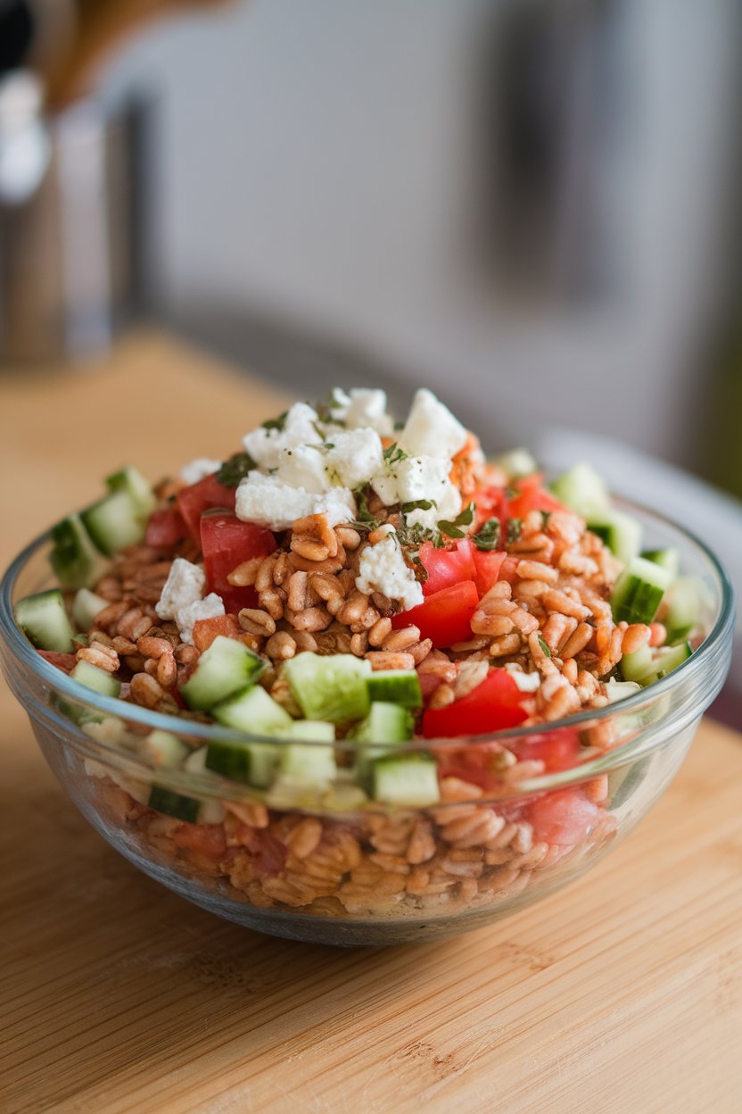 An indoor salad bowl of nutty farro mixed with diced cucumber, tomato, crumbled feta, and oregano. Photo only, no branding.