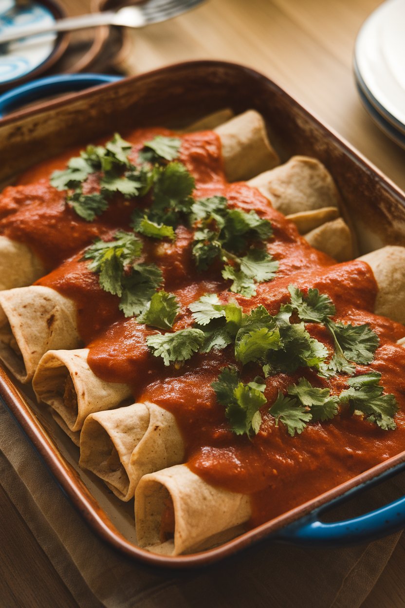 Indoor photo of a baking dish of enchiladas topped with red sauce and sprinkled with cilantro, cross-section visible. No text or logos.