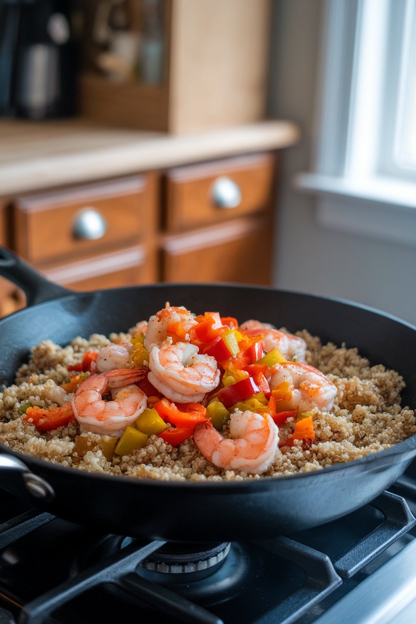 Photo of a skillet with cooked Cajun-spiced shrimp atop fluffy quinoa, diced peppers throughout, indoor stovetop lighting. No text or logos.