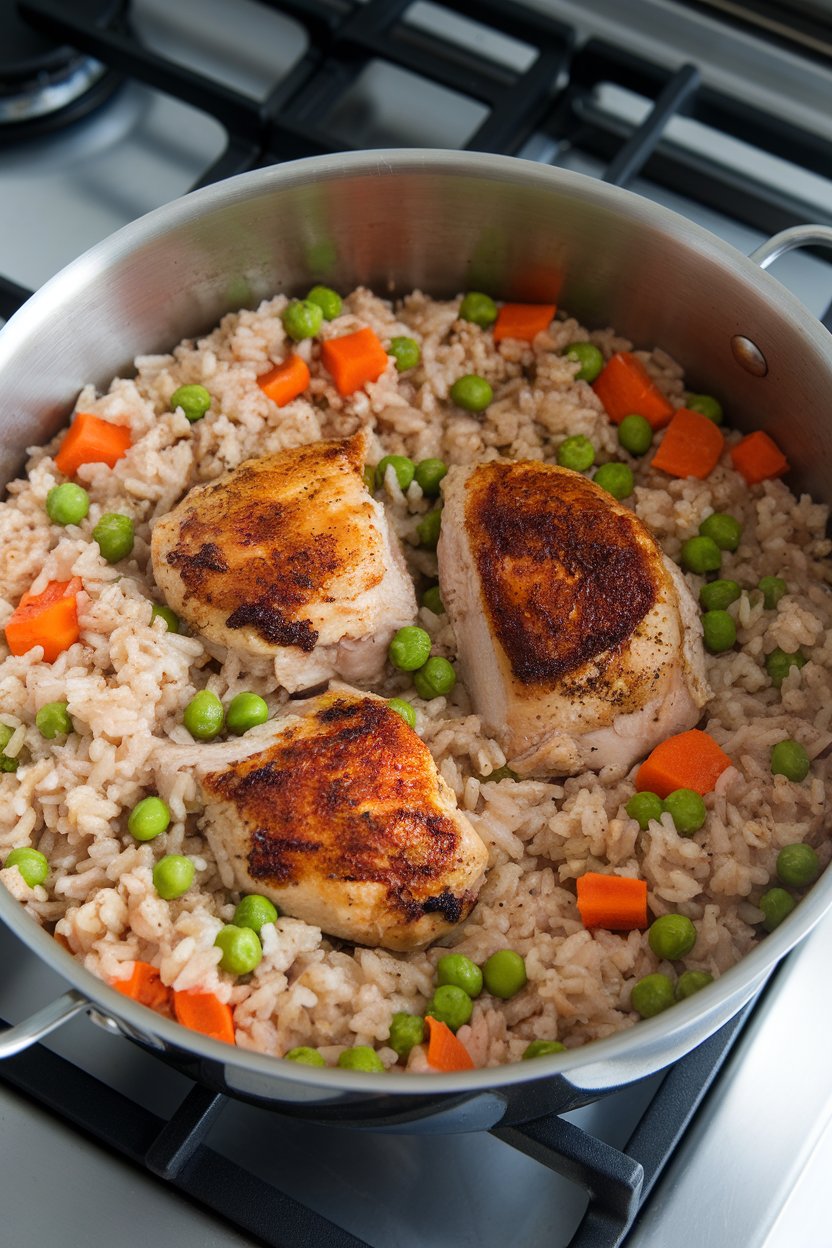 An indoor stovetop pot with tender chicken pieces nestled in fluffy brown rice dotted with peas and carrots. No text or logos in view.