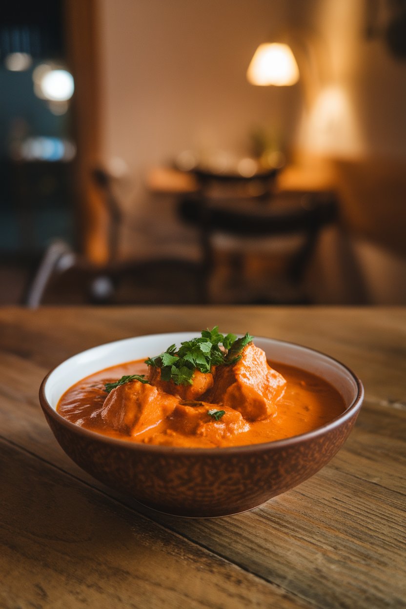 An indoor table featuring a bowl of orange tikka masala with chicken chunks, coriander garnish. No text or logos.