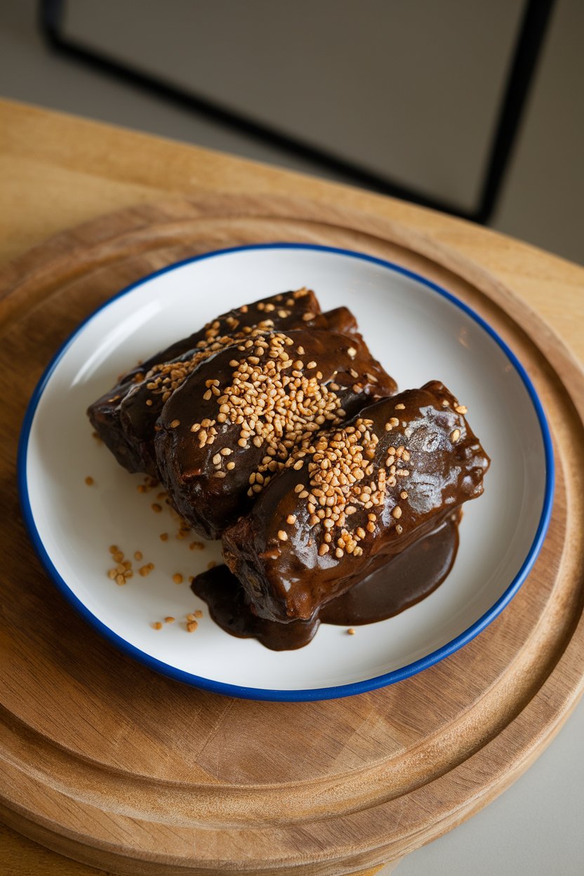 Indoor photo showing dark mole-coated short ribs topped with toasted sesame seeds; no text or logos