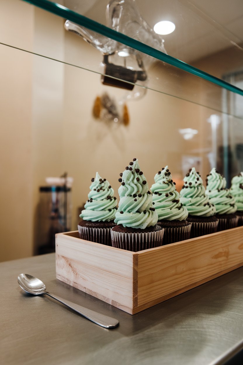 An indoor bakery counter scene featuring a row of chocolate cupcakes topped with tall swirls of mint-green buttercream dotted with mini chocolate chips, captured at eye level. Photo only, no text or logos.
