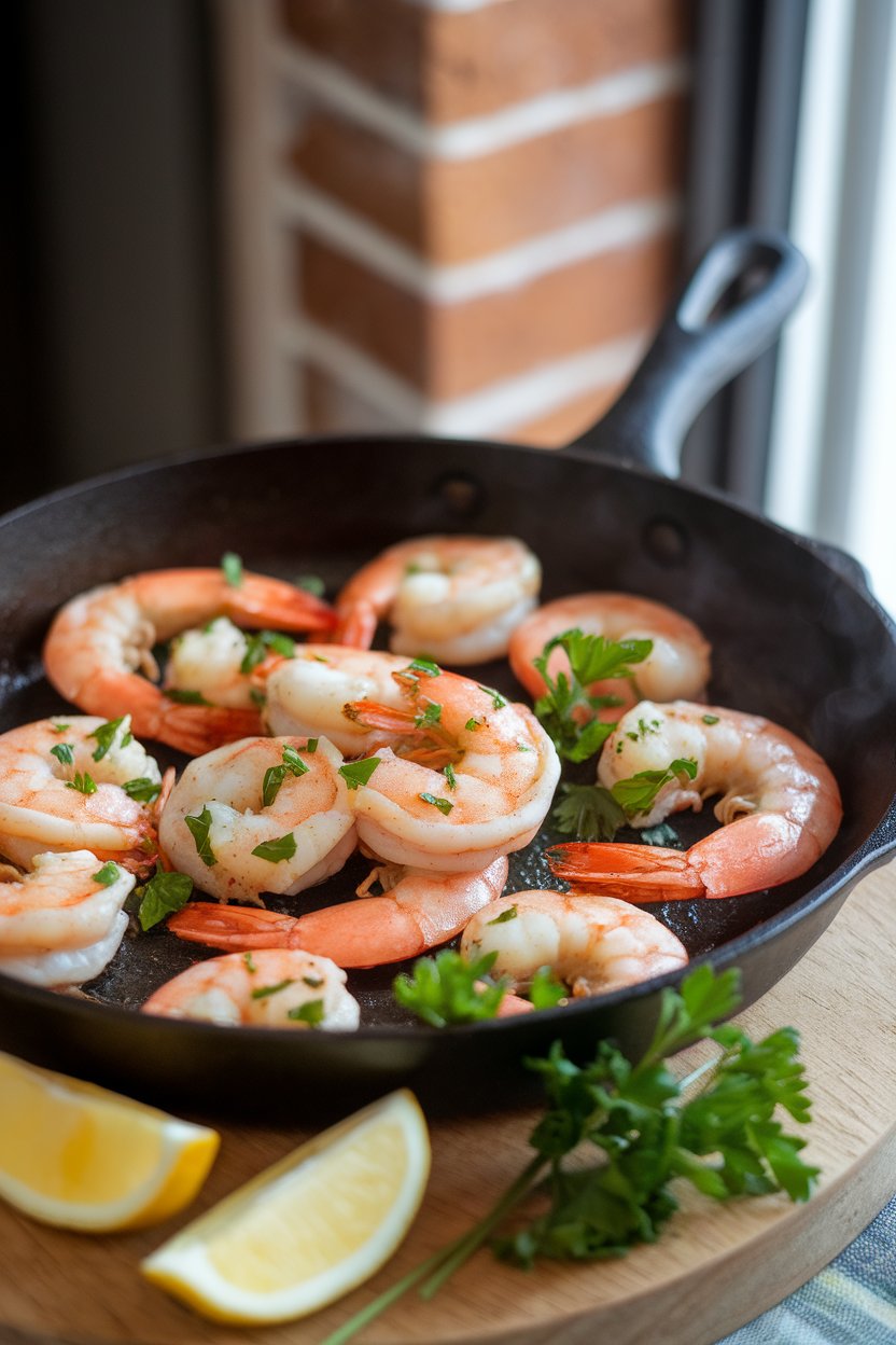 An indoor skillet of sizzling cooked shrimp tossed in garlic butter and parsley, photographed overhead—no text or logos. Photo, not illustration.