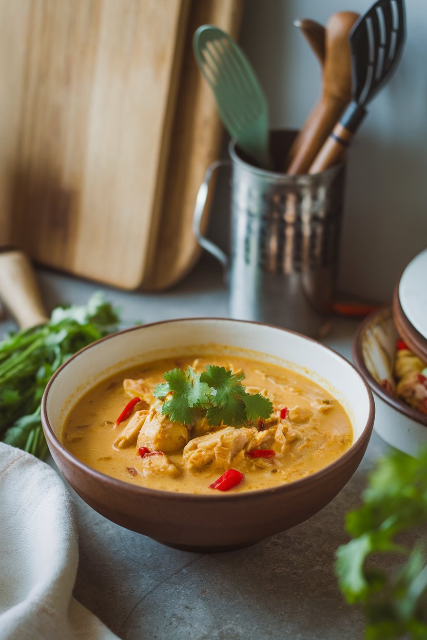 An indoor kitchen setting featuring a bowl of coconut curry chicken chili, golden broth dotted with red peppers and topped with cilantro. No text or logos.