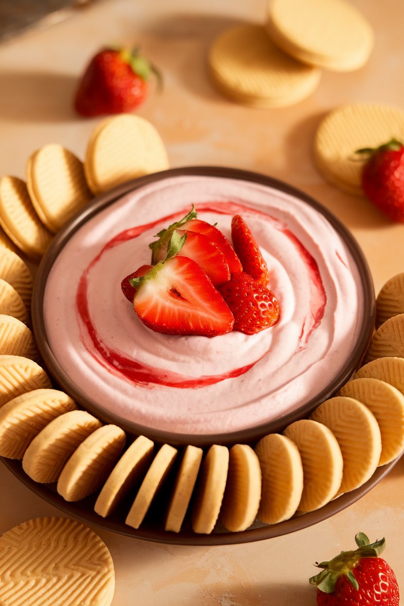 Indoor bowl of pale pink cheesecake dip swirled with strawberry purée, surrounded by vanilla wafer dippers. No text or logos; photo, not illustration.