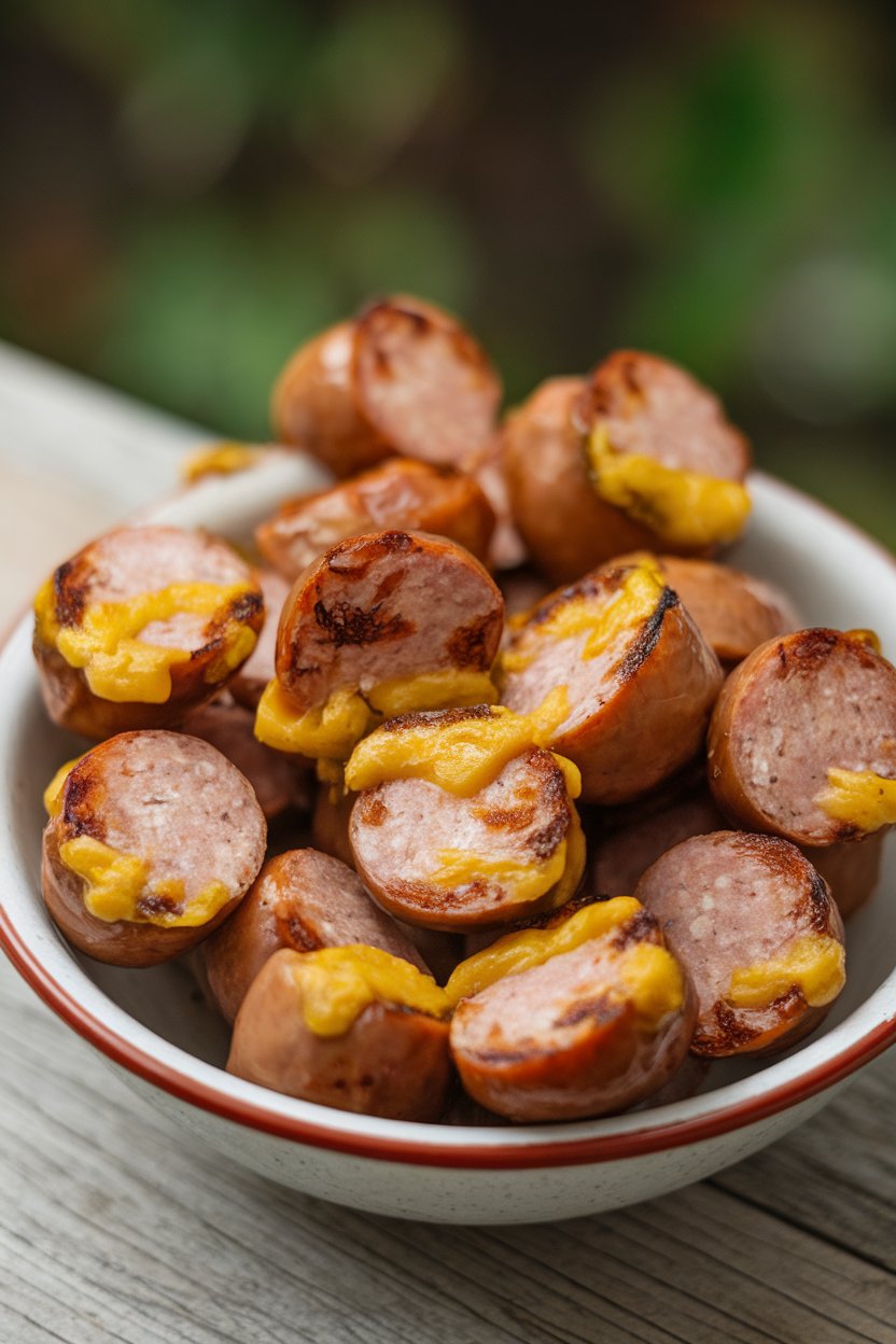 Indoor bowl of sliced cheddar-stuffed jalapeño sausages browned on the edges, no text or logos