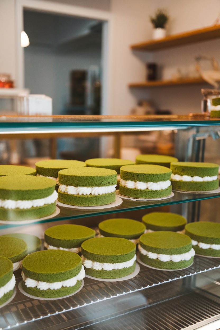 An indoor bakery case displaying sandwich cakes with fluffy white filling between green velvet rounds. No text or logos.