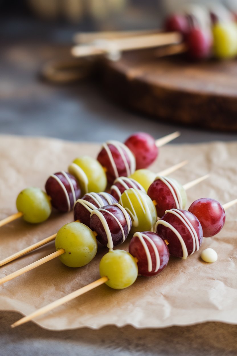 Indoor photo of wooden skewers threaded with red and green grapes, lightly drizzled with white chocolate, resting on parchment. No text or logos.