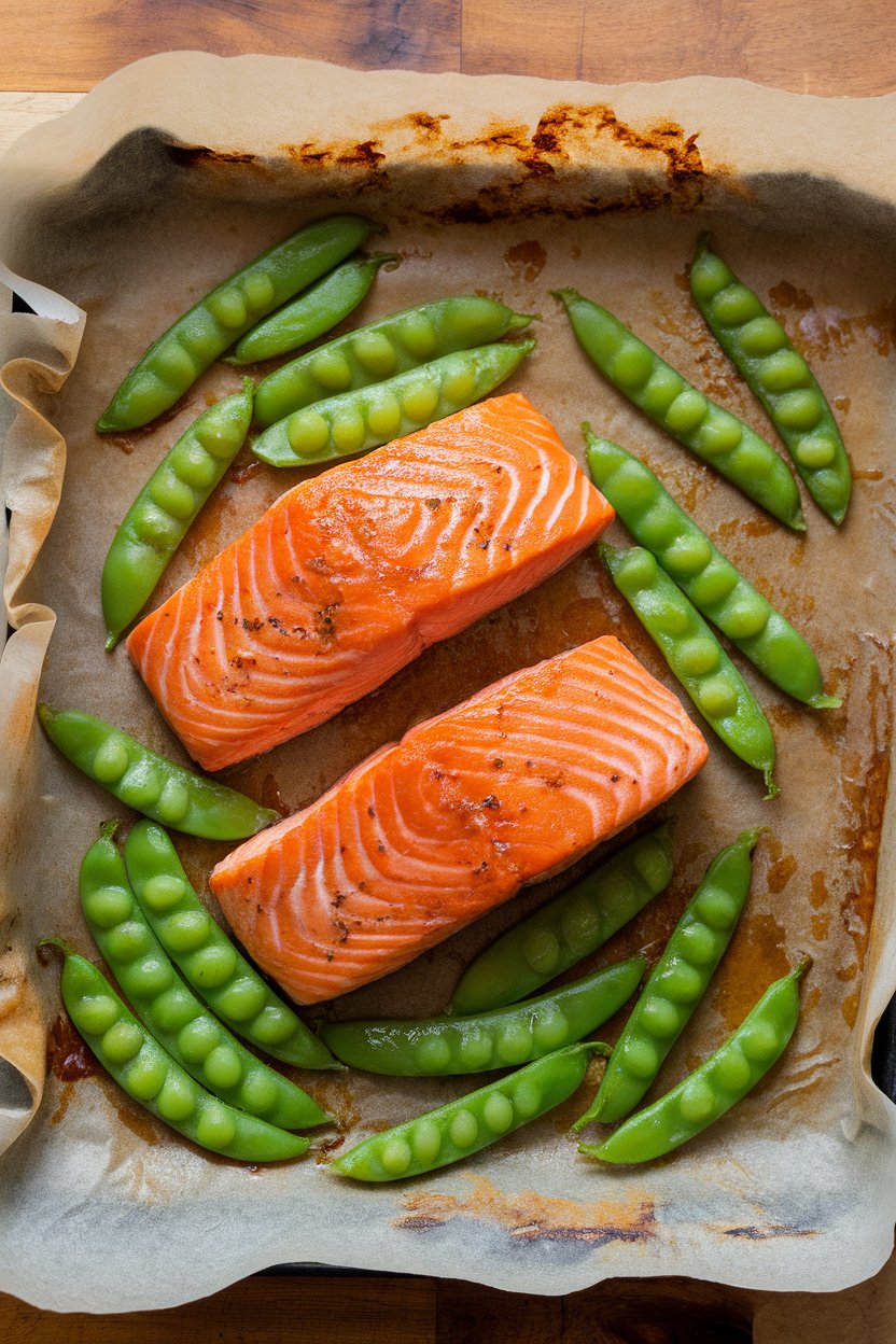 Indoor photo of cooked salmon fillets and bright green snap peas glazed with teriyaki sauce on a parchment-lined pan. No text or logos.