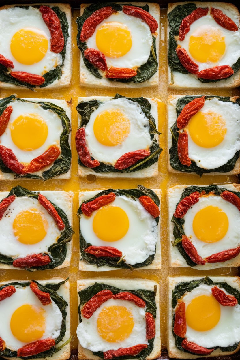 Indoor overhead photo of egg squares speckled with wilted spinach, sundried tomatoes, and creamy ricotta on a sheet pan. No text or logos.