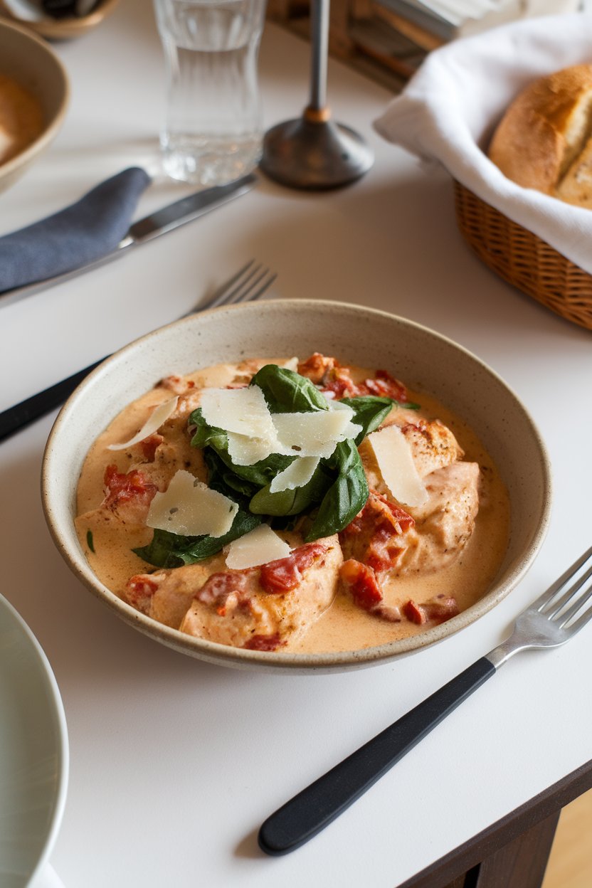 Indoor dining table featuring a shallow bowl of creamy sun-dried-tomato chicken garnished with baby spinach and parmesan shavings. Photo only, no logos.