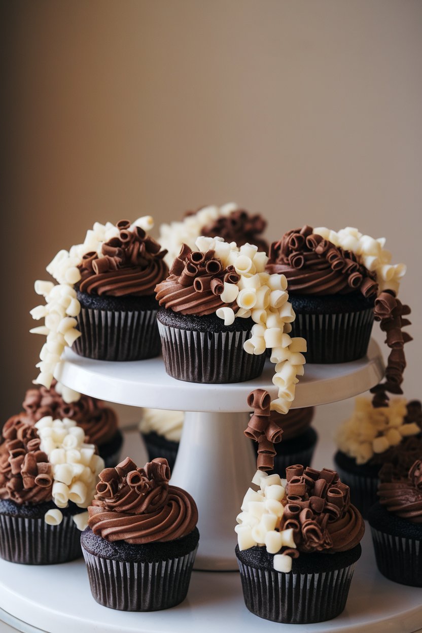 Indoor photo of dark cupcakes with white and milk chocolate curls cascading from frosting, no text or logos