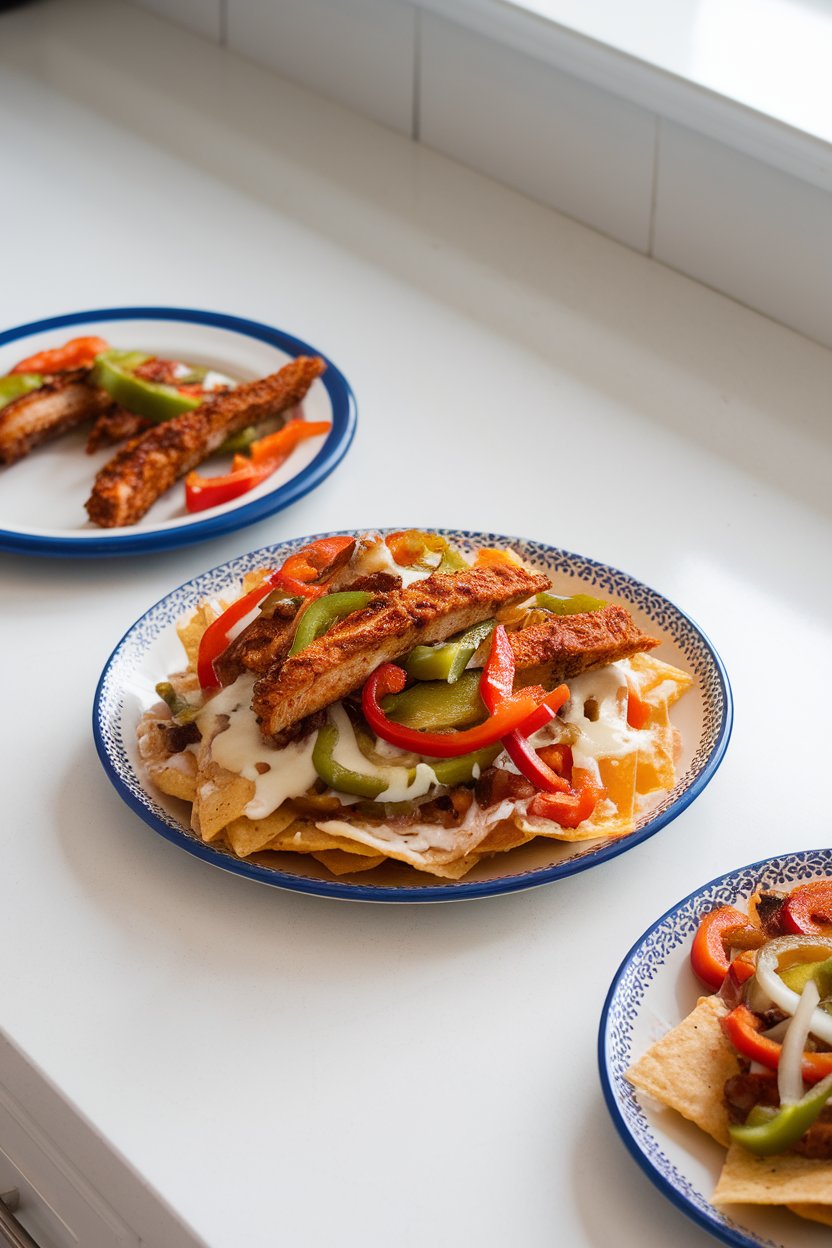 An indoor countertop showing nachos topped with fajita-style chicken strips, sautéed peppers, onions, and melted cheese; no text or logos, photo not illustration.